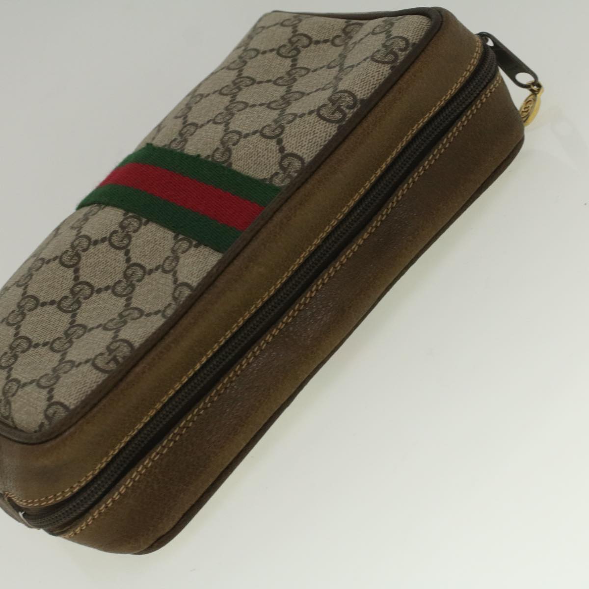 GUCCI GG Canvas Web Sherry Line Clutch Bag PVC Leather Beige Green Auth th4309