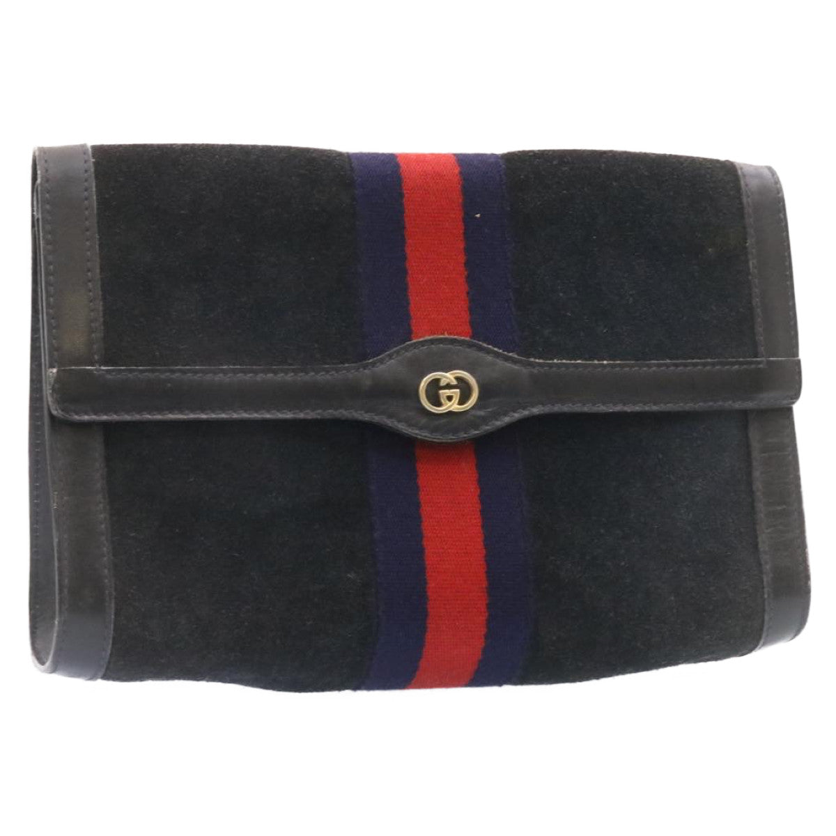 GUCCI Sherry Line Clutch Bag Suede Navy Red Auth am1160s