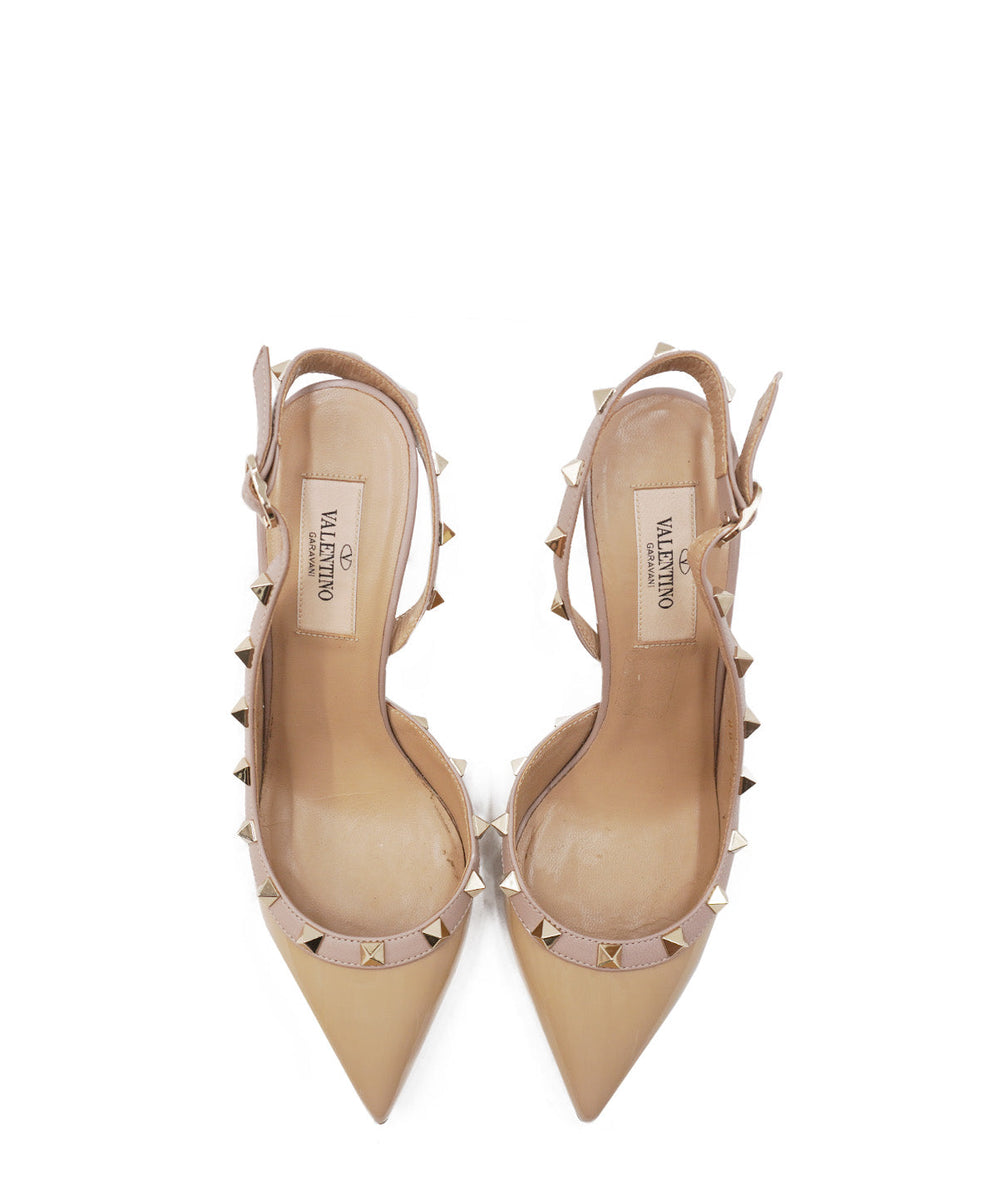 Patent Leather Studded Accents Pumps Beige