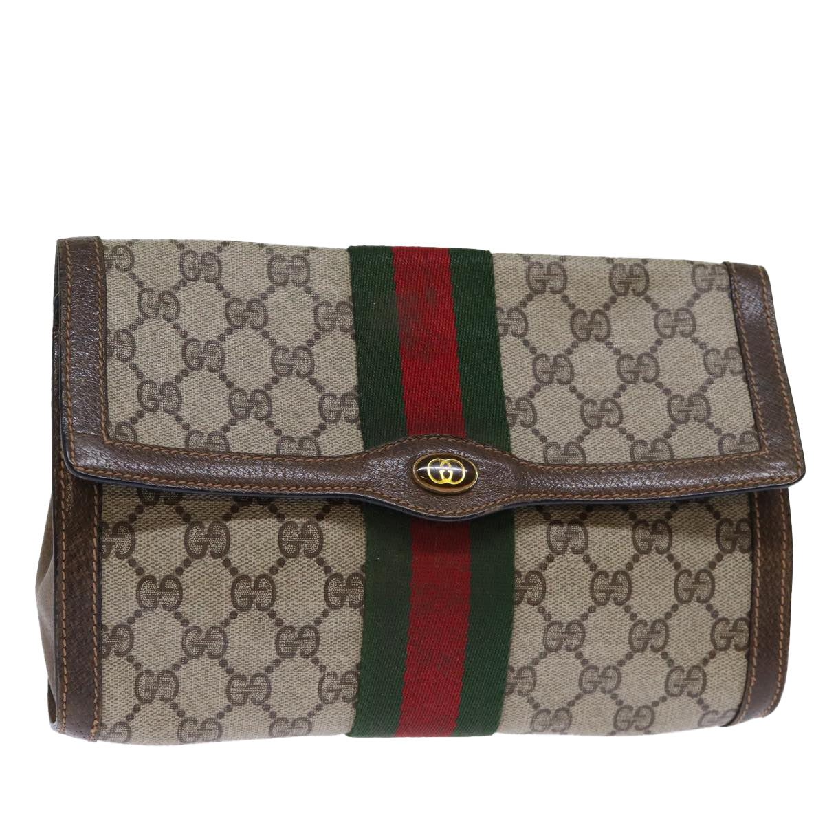 GUCCI GG Canvas Web Sherry Line Clutch Bag Beige Green 84 01 006 Auth yk12008