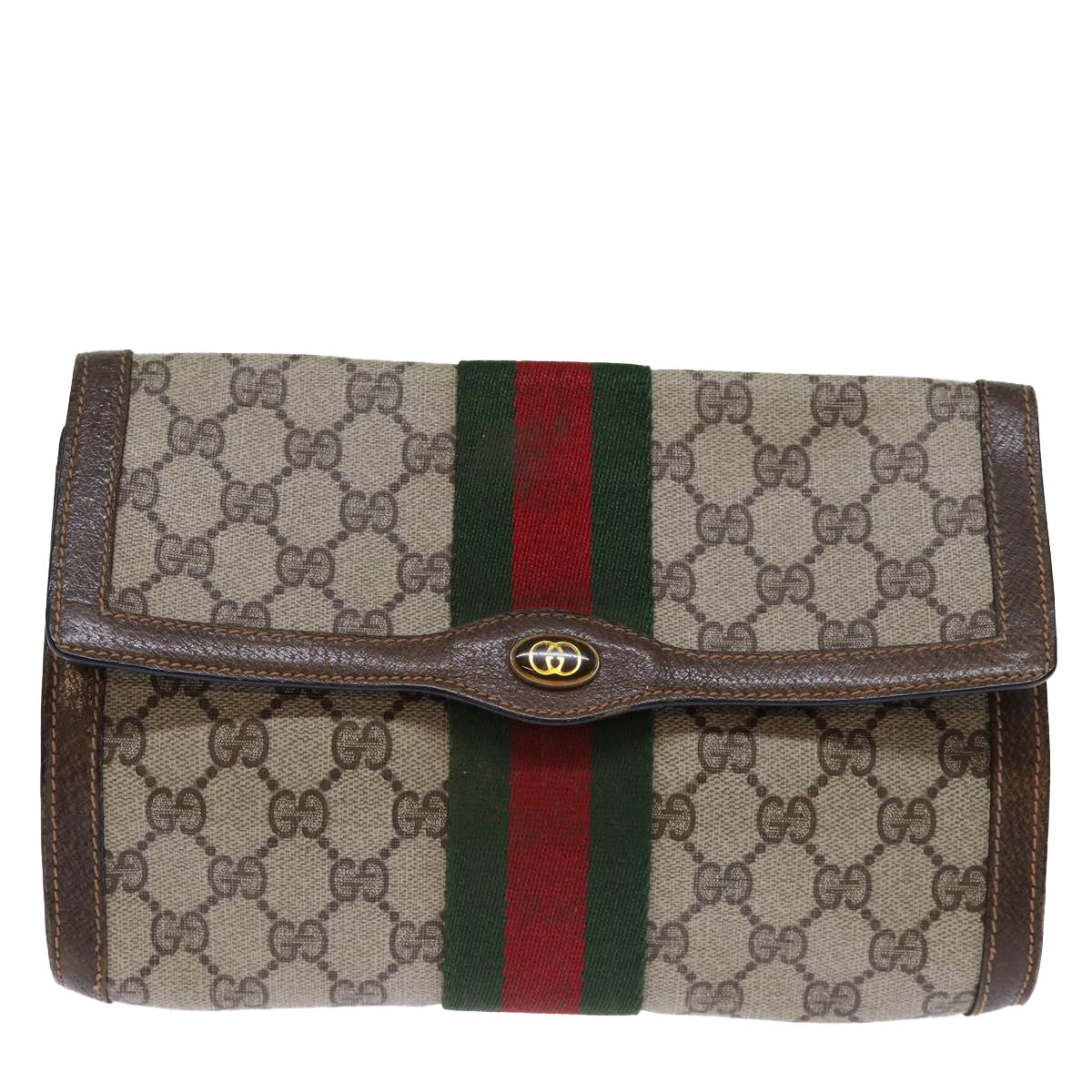 GUCCI GG Canvas Web Sherry Line Clutch Bag Beige Green 84 01 006 Auth yk12008