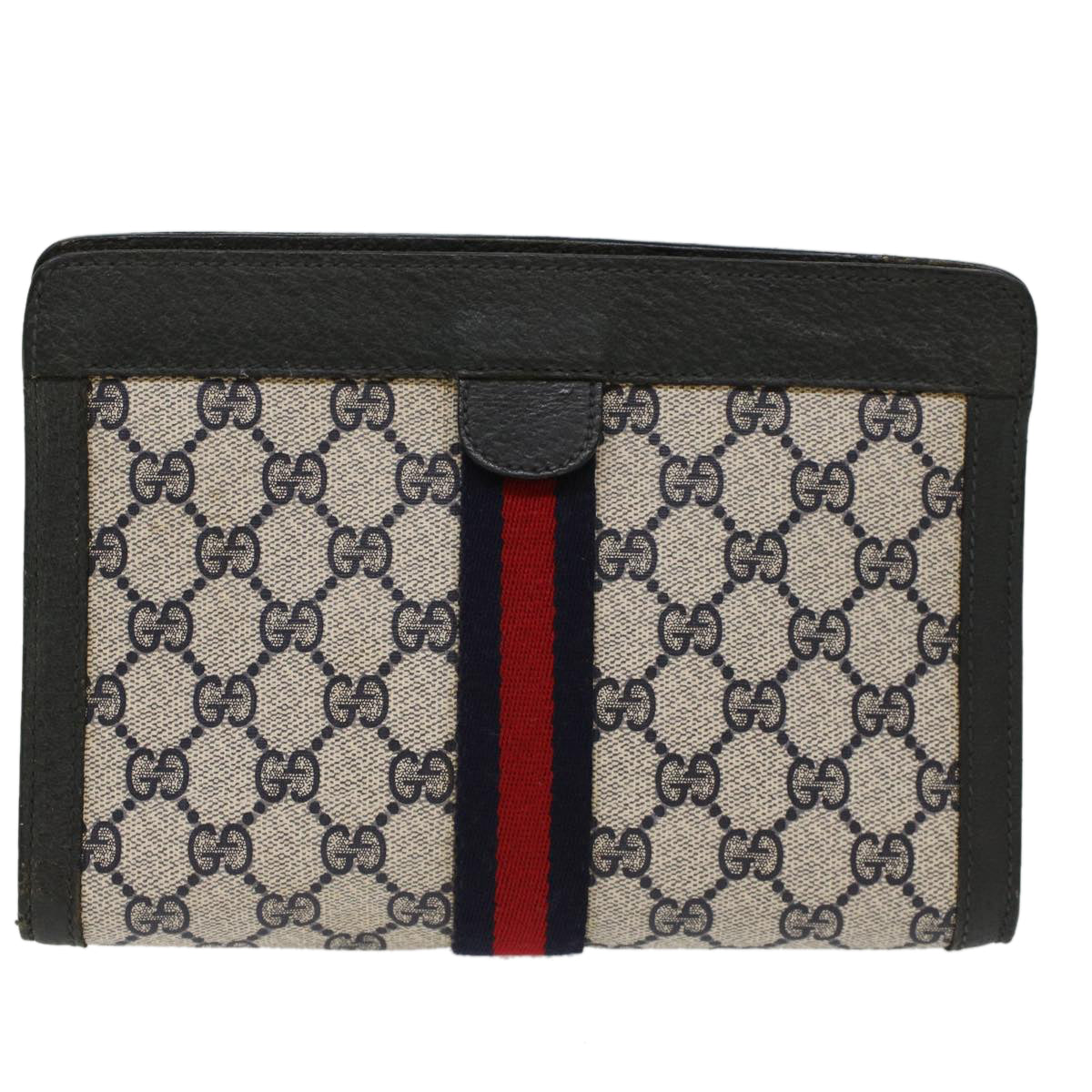 GUCCI GG Canvas Sherry Line Clutch Bag Gray Red Navy 89.01.001 Auth yk7814