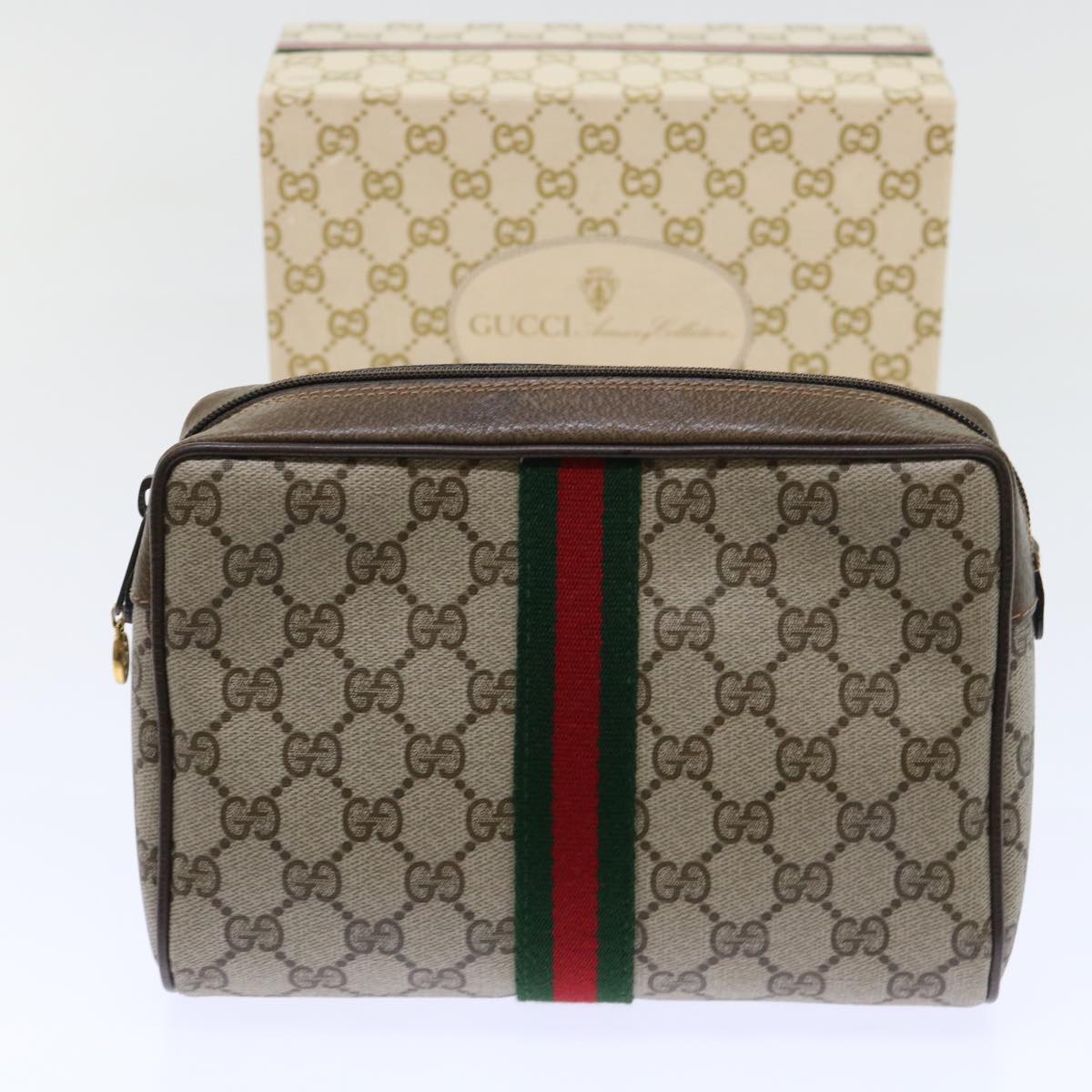 GUCCI Gg Canvas Web Sherry Line Clutch Bag Beige Red 63 01 012 Auth Yk8363b